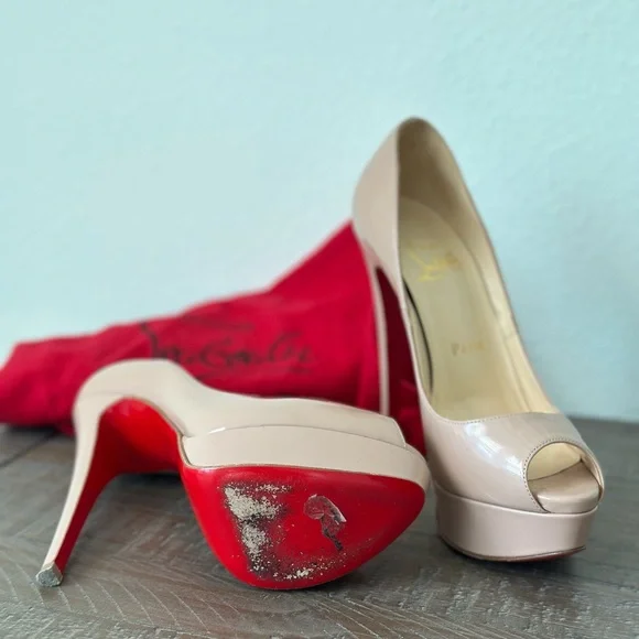 Christian Louboutin Cream Heels with Peep-Toe Design and Stiletto Heels